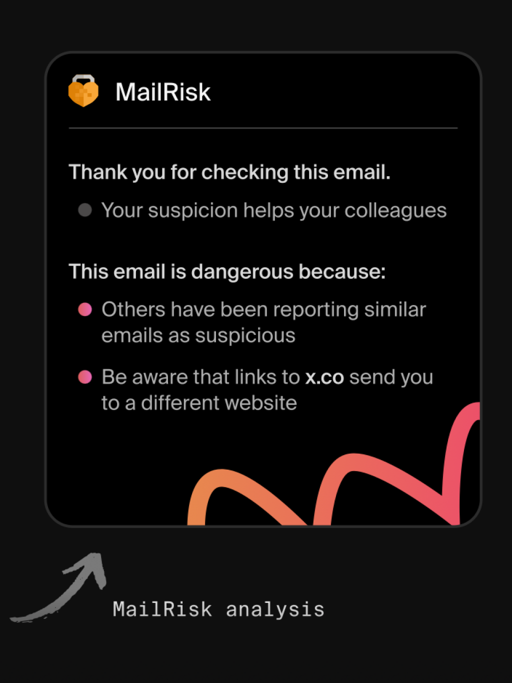 Mockup of MailRisk feedback to user that tells them why the email they reported is dangerous and how reporting helps their colleagues.