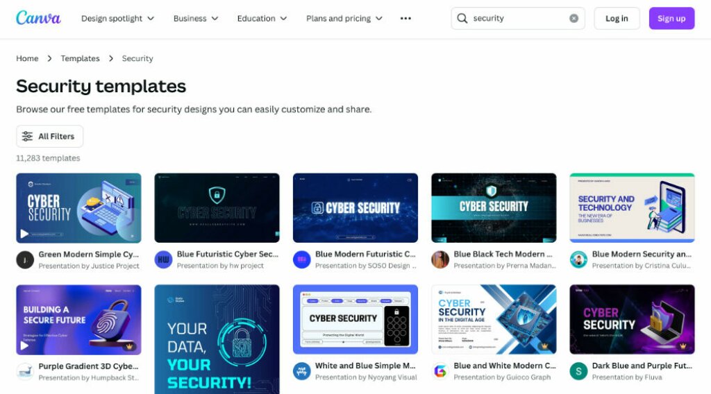 Screenshot of the Canva website showing security templates that can be customized.