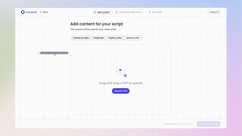 Screenshot of a user dragging a PDF into the Lumen5 app.