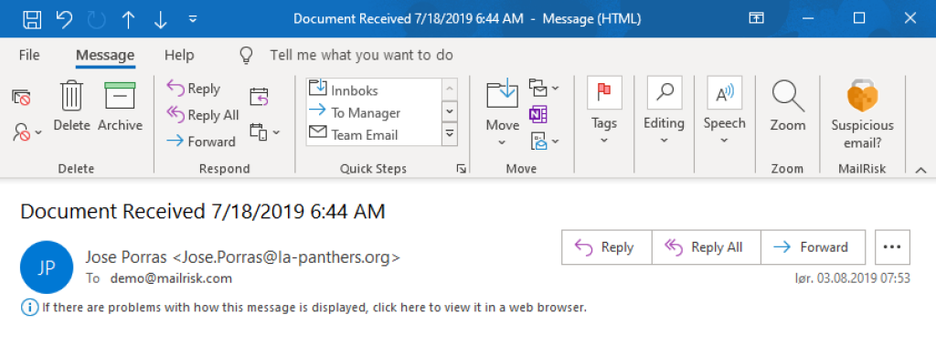 Location of MailRisk in an opened email.