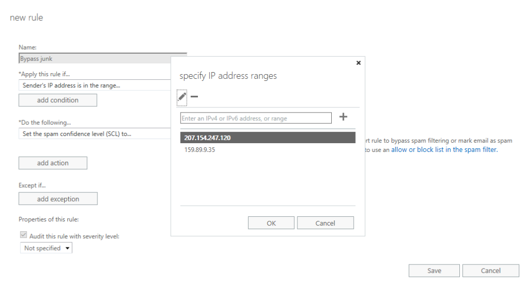 Location of the area where IP address ranges can be specified.