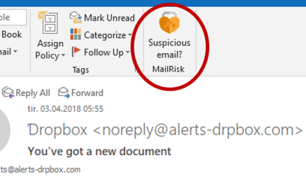 Screenshot showing the location of the MailRisk button in Outlook.