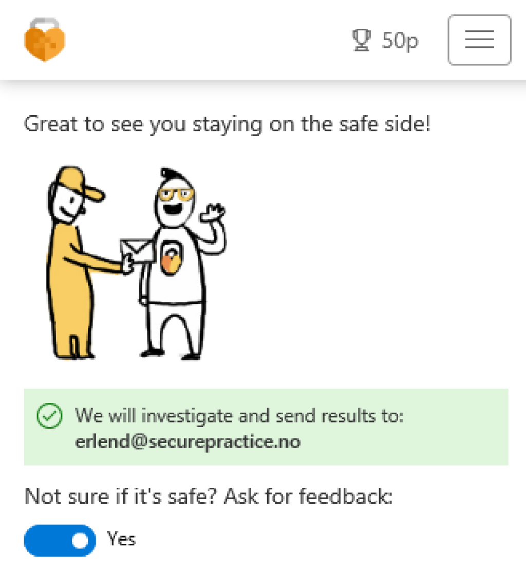 Screenshot showing the user feedback given by MailRisk.