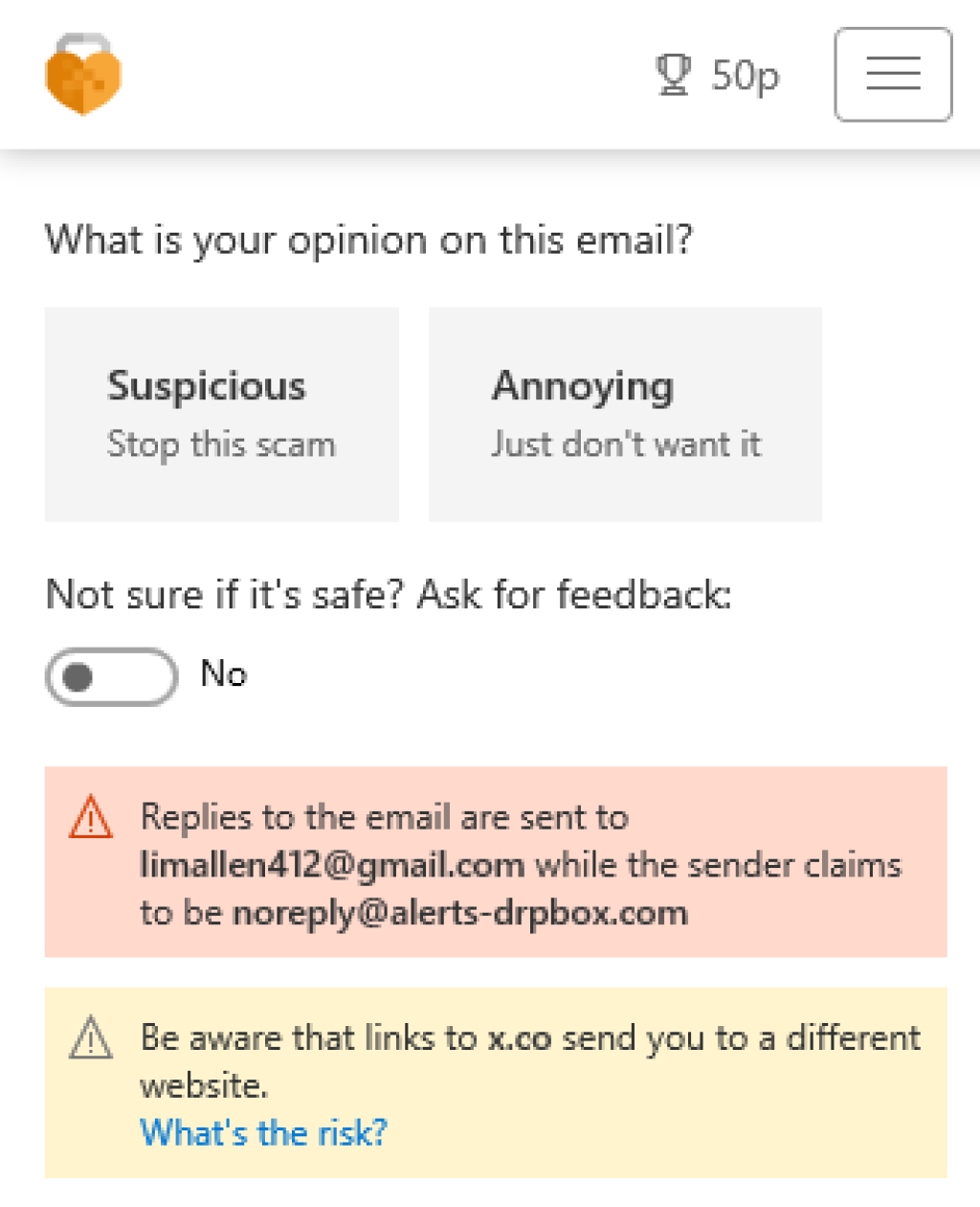Screenshow showing how MailRisk engages with users, asking their opinion and giving an immediate analysis.