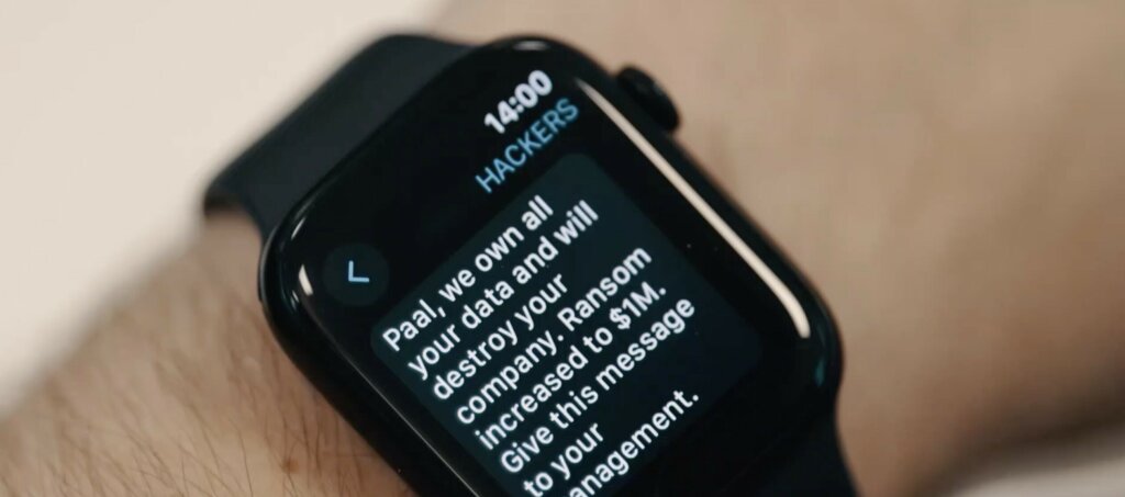 A fake message from an attacker appearing on a participant’s smart watch during a cybersecurity exercise.